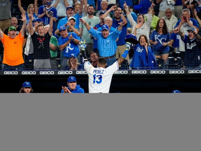 Sep 29, 2021; Kansas City, Missouri, USA; Kansas City Royals catcher Salvador Perez (13) celebrates after tying the franchise single season home run record during the first inning against the Cleveland Indians at Kauffman Stadium.